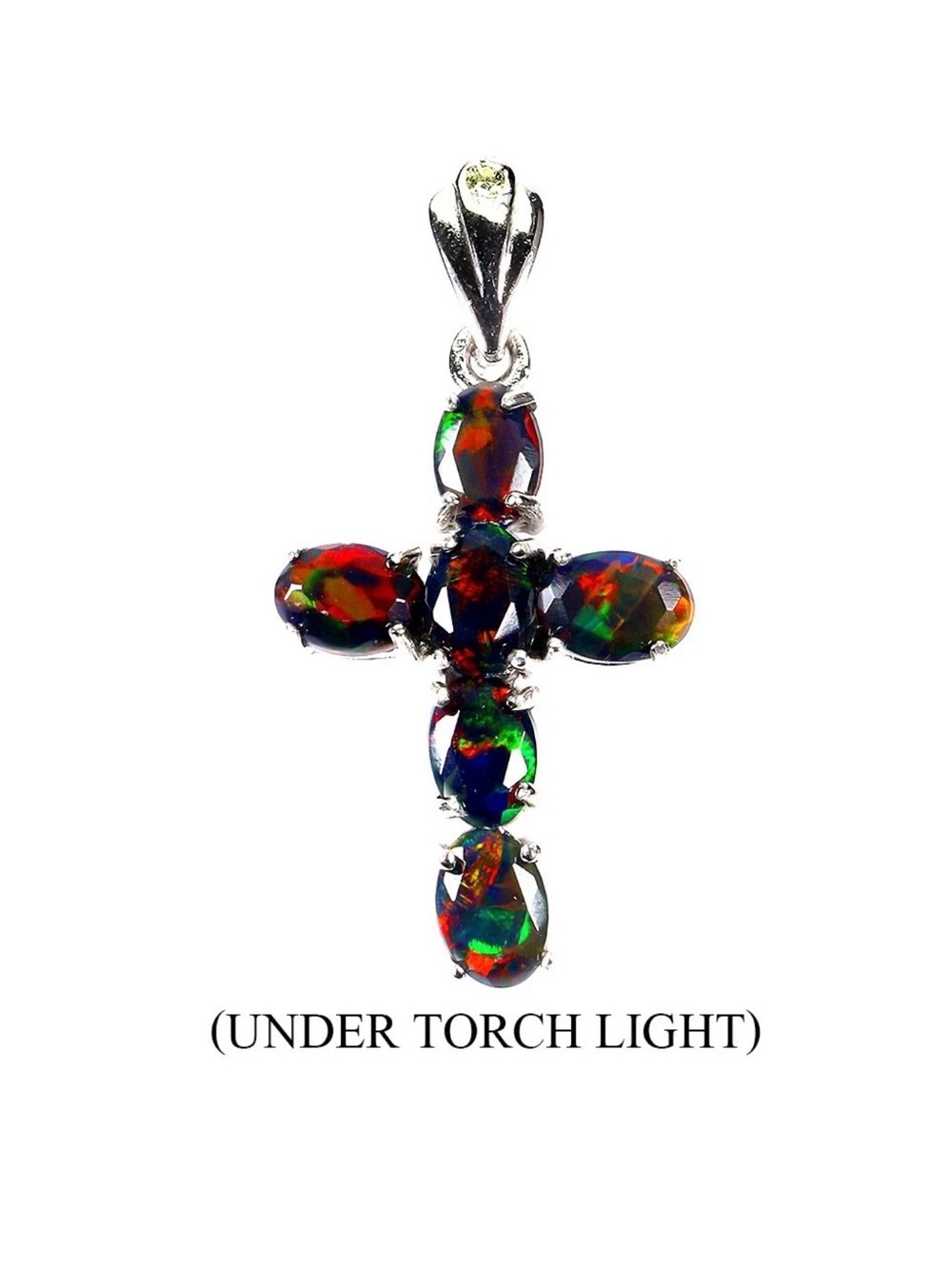 Stunning Natural Rainbow Black Opal 7x5mm Cross Pendant 925 Sterling Silver 18”
